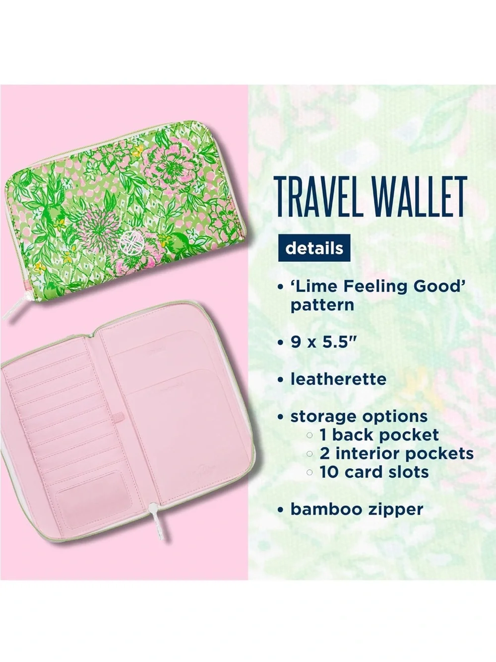 Lilly Pulitzer Floral Leather Passport Holder Travel Wallet Pink Green NWT